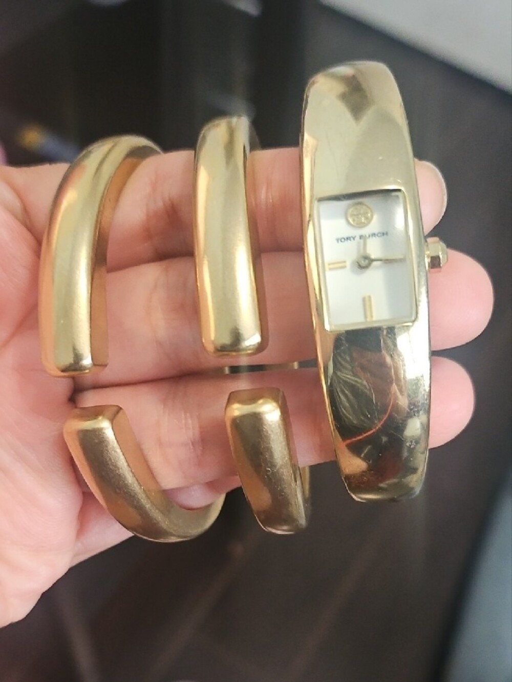 Tory Burch Gold and White Bangle Watch